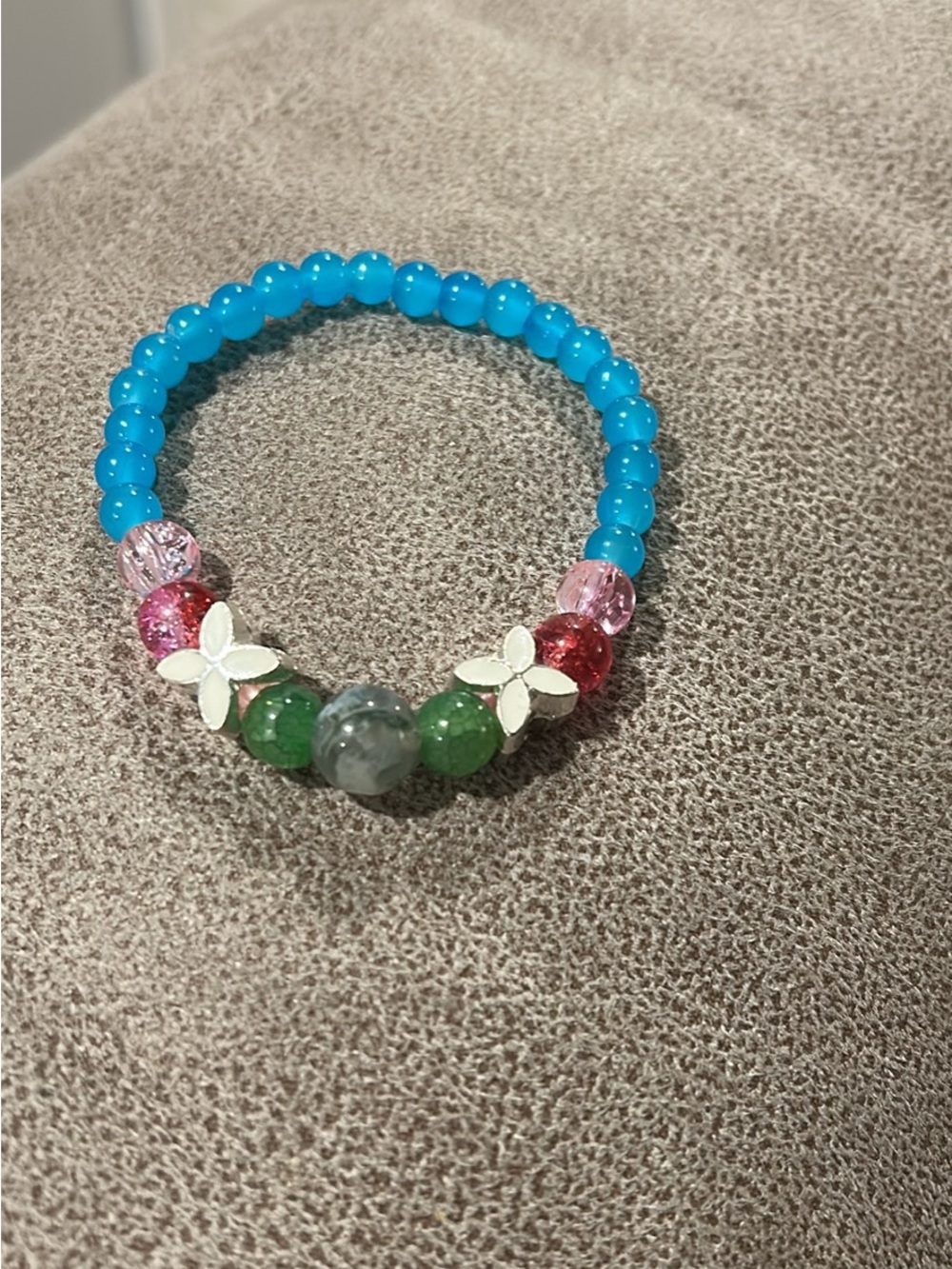 Girls Blue Beaded Stretch Bracelet with Pink & Green Accents
